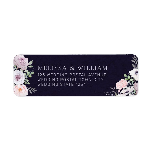 Modern Blomsterlig Brud & Brudgum Lila Returadress Etikett (Framsidan)