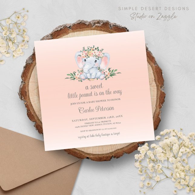 Modern blomsterlig elefantbabyflicka baby shower (Cute Modern Blush Pink Baby Shower Invitation with Elephant and Floral Greenery)