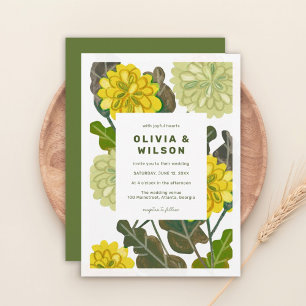 Modern blomsterlig gul & grön bröllopsinbjudan inbjudningar