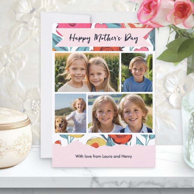 Modern blomsterlig morsdagskollage med eget foto julkort (A pretty floral Mother's Day card, with four custom photos and personalized message)