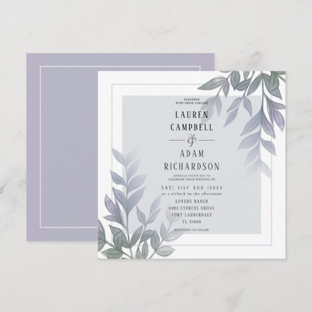 Modern Blomsterlig Purpur Lila Bröllopsinbjudan Inbjudningar (Fram/baksida)