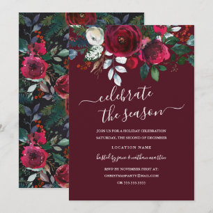 Modern blomsterlig röd burgunder julfest inbjudningar
