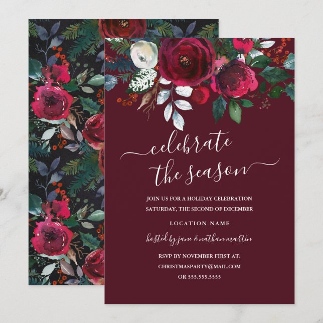 Modern blomsterlig röd burgunder julfest inbjudningar (Fram/baksida)