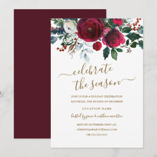 Modern blomsterlig röd guld julfest inbjudningar