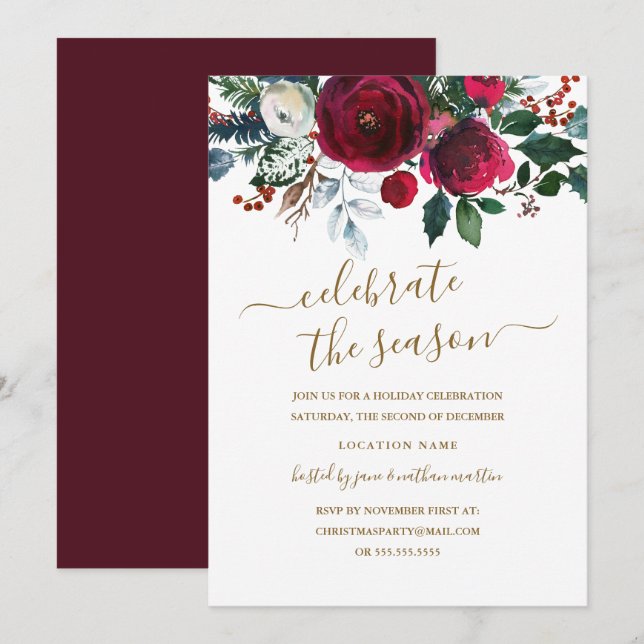 Modern blomsterlig röd guld julfest inbjudningar (Fram/baksida)