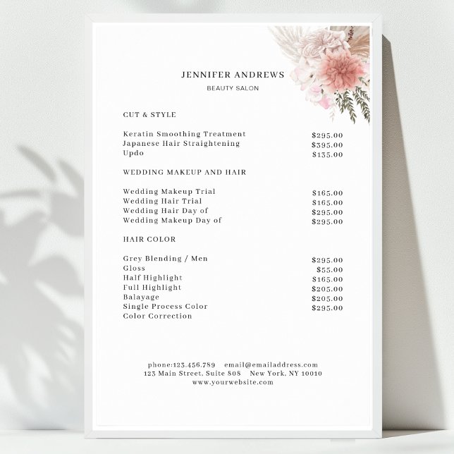 Modern blomsterprislistaffisch poster (Floral Minimal Salon Price List Poster)