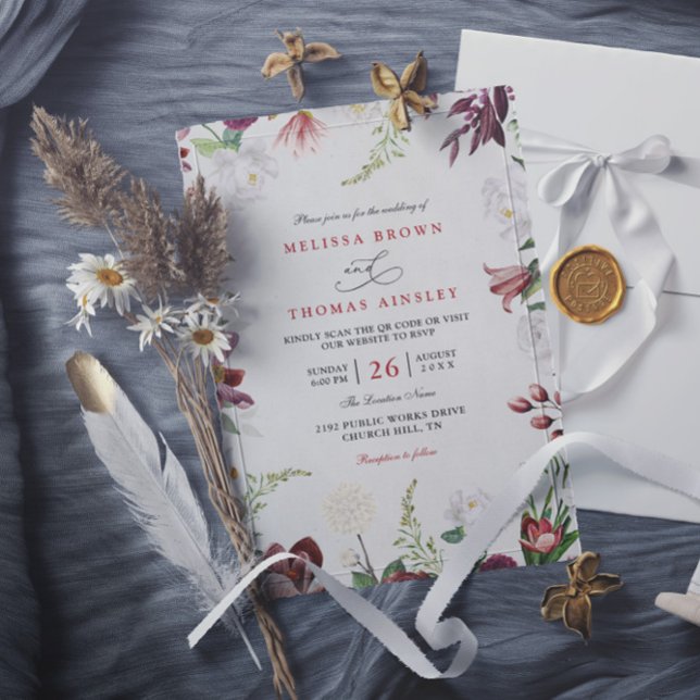 Modern blomsterrik burgunder elegant QR-kod bröllo Inbjudningar (Skapare uppladdad)