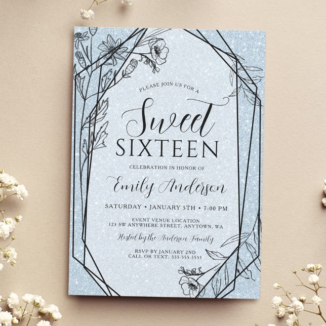 Modern blomsterrik dammig blå glitter Sweet 16 Inbjudningar (Skapare uppladdad)