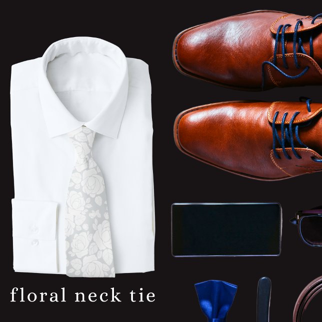 Modern blomsterros grå och vit slips (Men's floral neck tie)