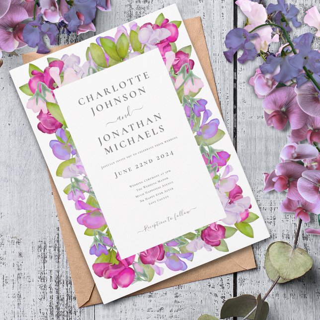 Modern blomvattenfärg elegant bröllop inbjudningar (Elegant floral pink purple wedding invitation watercolor garden sweetpea)