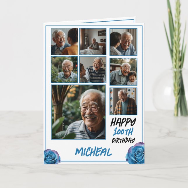 Modern Blue 8 Photo Collage 100 Birthday Kort (Framsida)