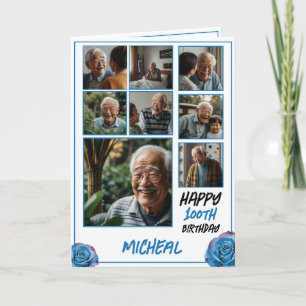 Modern Blue 8 Photo Collage 100 Birthday Kort