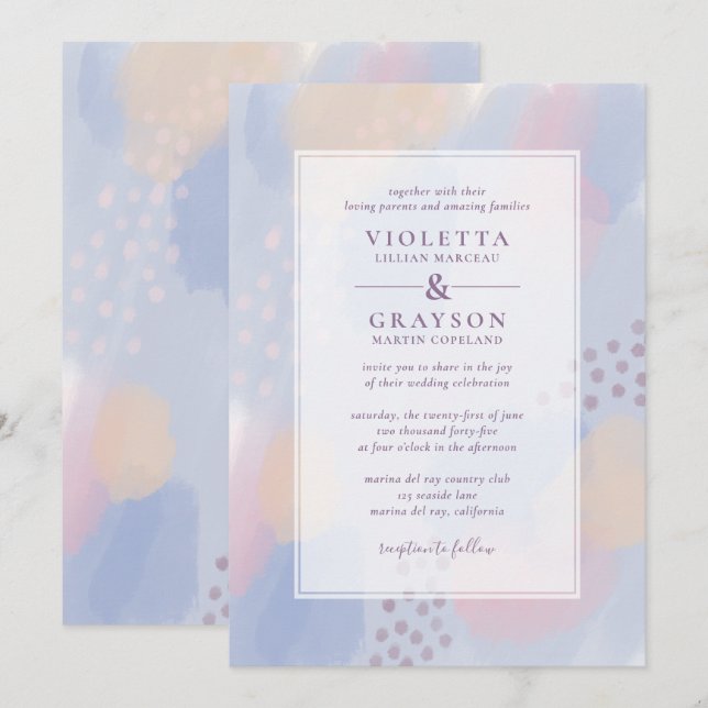 Modern Blue Abstrakt Art Bröllop Inbjudningar (Fram/baksida)