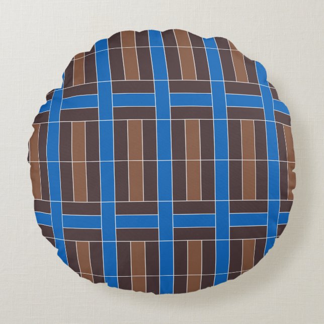 Modern Blue and Brown Geometric Plaid Pattern | Rund Kudde (Framsidan)