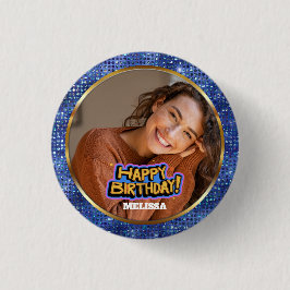 Modern Blue and Gold Glitter Photo Name Birthday Knapp