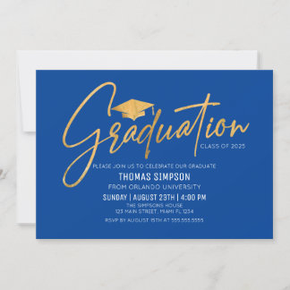 Modern blue and gold Graduation Invitation Inbjudningar