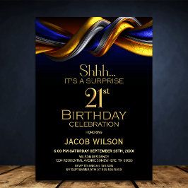 Modern Blue and Gold Surprise 21st Birthday Party Inbjudningar