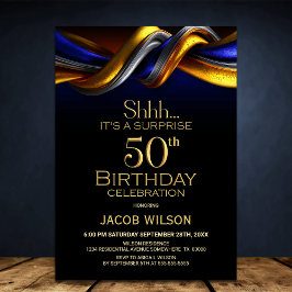 Modern Blue and Gold Surprise 50th Birthday Party Inbjudningar