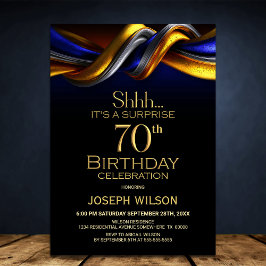 Modern Blue and Gold Surprise 70th Birthday Party Inbjudningar