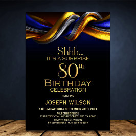 Modern Blue and Gold Surprise 80th Birthday Party Inbjudningar
