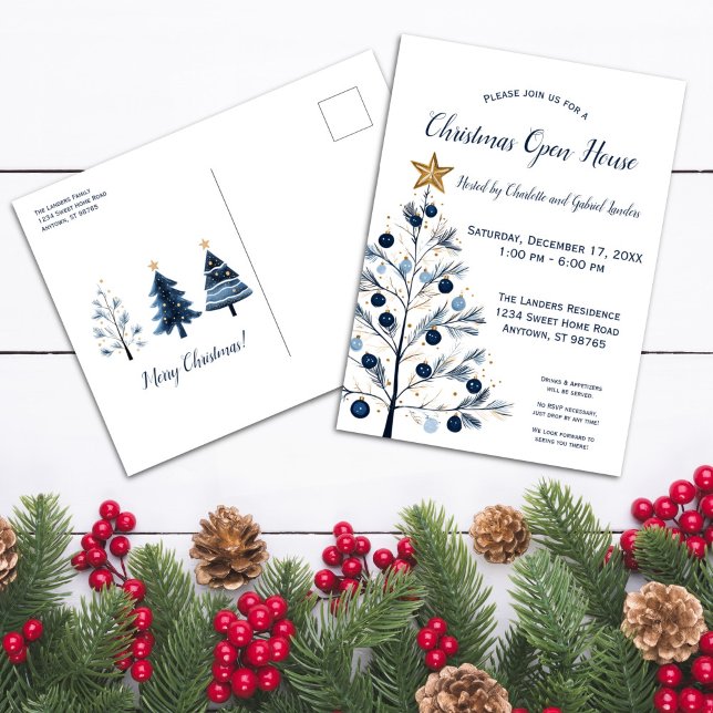 Modern Blue and Guld Julgran Open House Helg Vykort (Front and Back Modern Blue and Gold Christmas Tree Postcard)