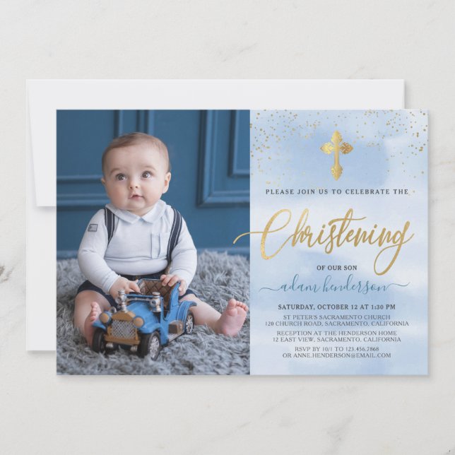 Modern Blue and Guld Photo Boy Christening Inbjudningar (Framsida)
