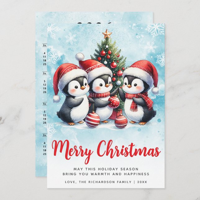 Modern Blue and Red Cute Penguins God jul Julkort (Fram/baksida)