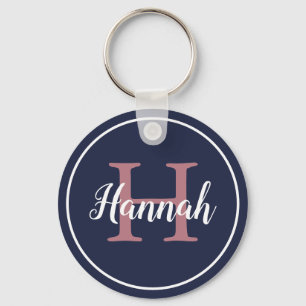 Modern Blue and Rosa Script Monogram Namn Nyckelring