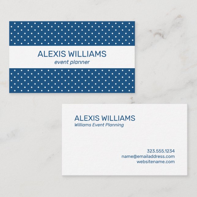 Modern Blue and White Polka dots White Rand Visitkort (Fram/baksida)