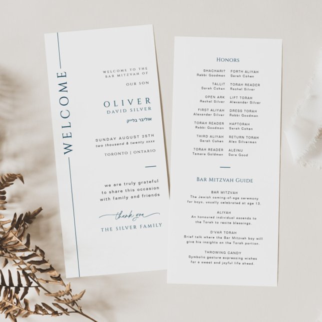 Modern Blue and White Pub Mitzvah-programkort (Skapare uppladdad)