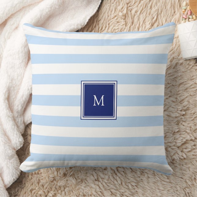 Modern blue and white stripes pattern monogram kudde (Filt)