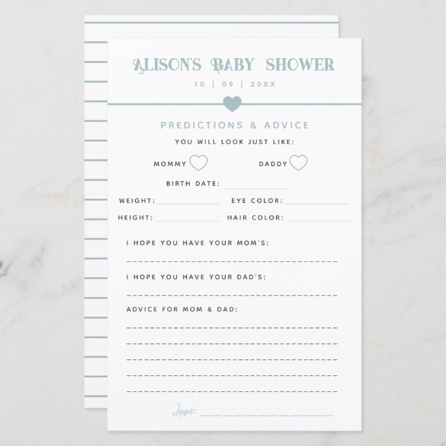 Modern Blue Baby Shower Advice and Predictions (Fram/baksida)