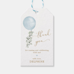 Modern Blue Balloon Eucalyptus Pojke Tack Presentetikett