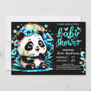 Modern Blue Bamboo Panda Boy Shower Inbjudningar