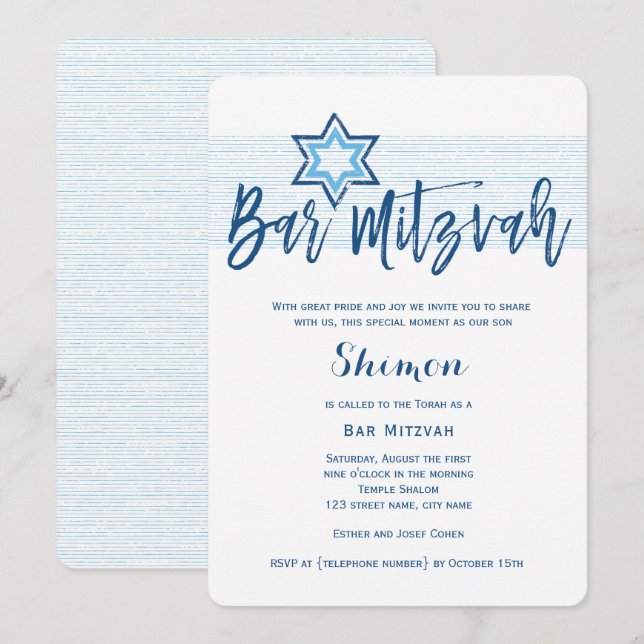 Modern Blue Bar Mitzvah Invitation Inbjudningar (Fram/baksida)