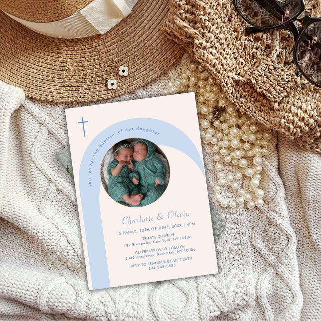 Modern Blue Beige Boho Arch Photo Kor Baptism Inbjudningar (Modern Blue Beige Boho Arch Photo Cross Baptism Invitation)