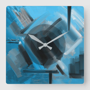 Modern Blue Black Grått Dynamic Abstrakt Art Fyrkantig Klocka