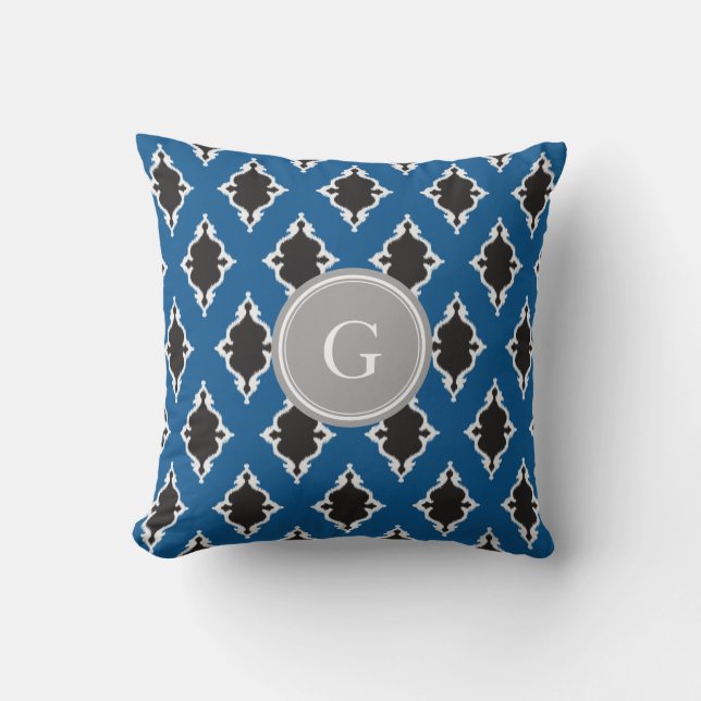 Modern Blue Black ikat Tribal mönster monogram Kudde (Framsida)