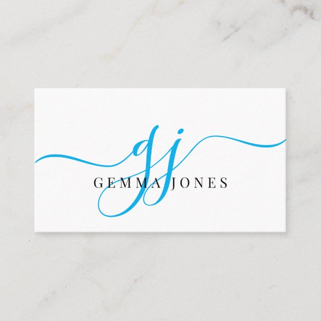Modern Blue Black Monogram Feminine-skript Namn Visitkort (Framsida)