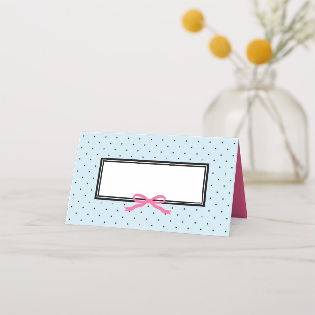 Modern Blue Black Polka Dot med Rosa Ribbon Placeringskort (Framsida)