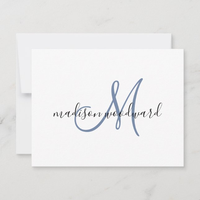 Modern Blue Black Script Monogram Note Card Anteckningskort (Framsida)