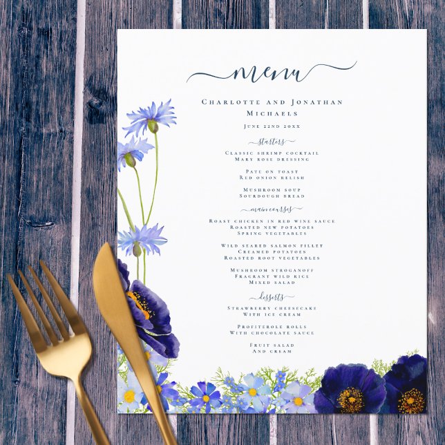 Modern Blue Blommigt Boho Bröllop Menu (Wildflower watercolor blue personalized wedding menu original artwork by artist Catherine Sweetman)