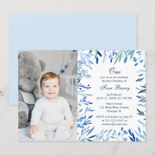 Modern Blue Blommigt Boy 1:a födelsedagsfoto Inbjudningar