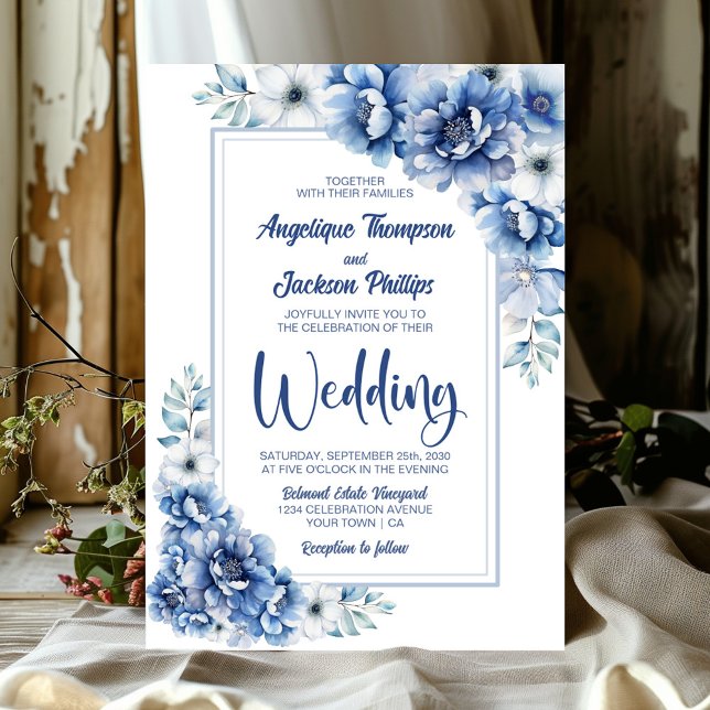 Modern Blue Blommigt Bröllop Inbjudningar (Skapare uppladdad)