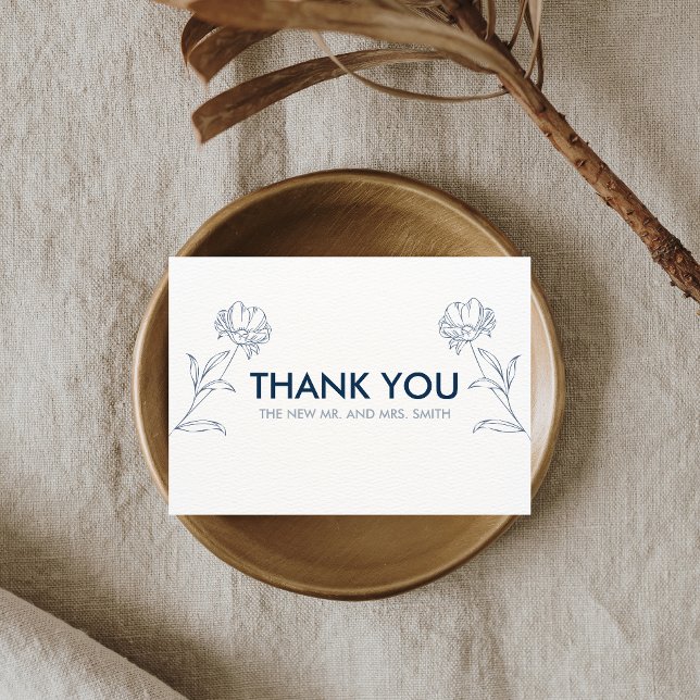 Modern Blue Blommigt Bröllop Tack Kort (Modern Blue Floral Wedding Thank you Card)