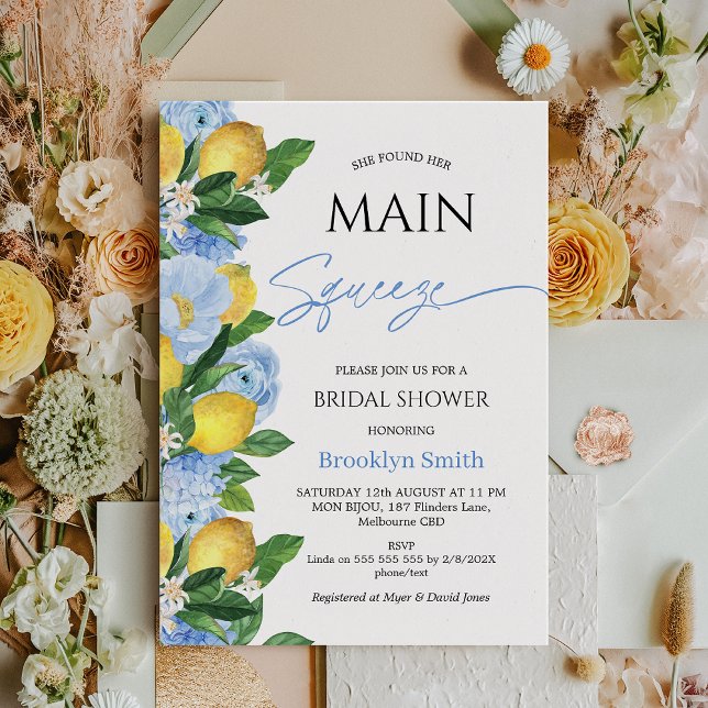 Modern Blue Blommigt Lemon ThLED-Möhippa Inbjudningar (Lemon Bridal Shower Invitation Template, Blue Floral Lemon Bridal Shower, She Found her Main Squeeze)