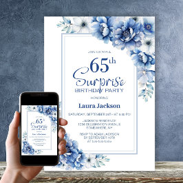 Modern Blue Blommigt Surprise 65e Födelsedagsfest Inbjudningar