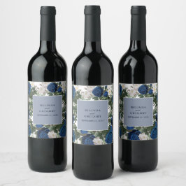 Modern Blue Blommigt Watercolor Elegant bröllop Vinflaska Etikett