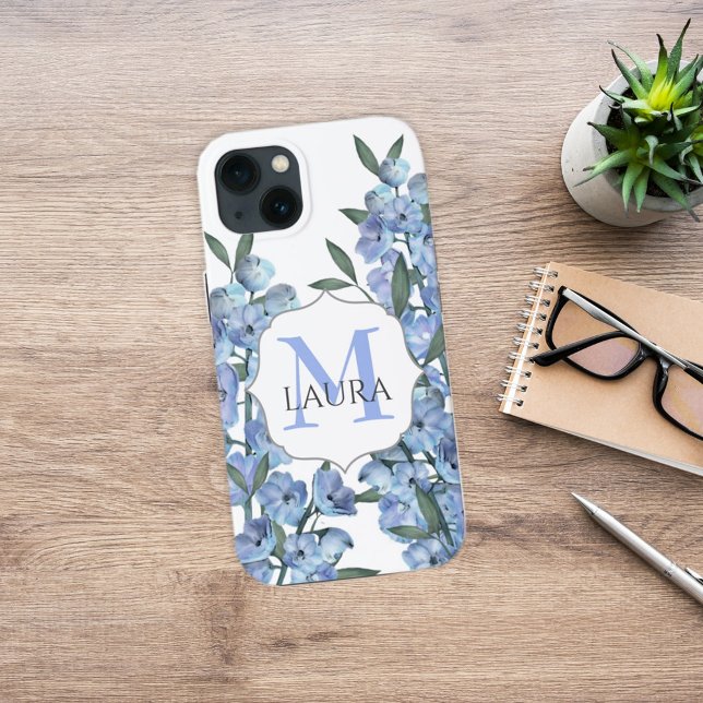 Modern Blue Blommigt Watercolor Monogram (Skapare uppladdad)