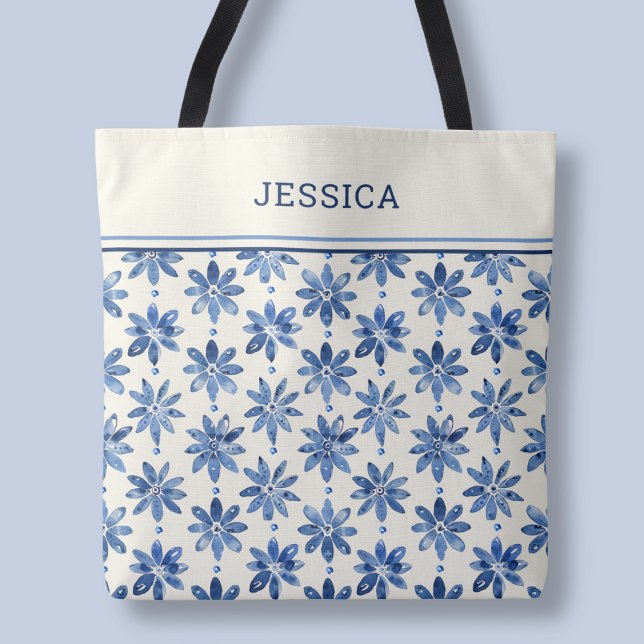 Modern Blue Blommönster Elegant Snyggt Namn Tygkasse (Modern Blue Floral Pattern Elegant Stylish Name Tote Bag)